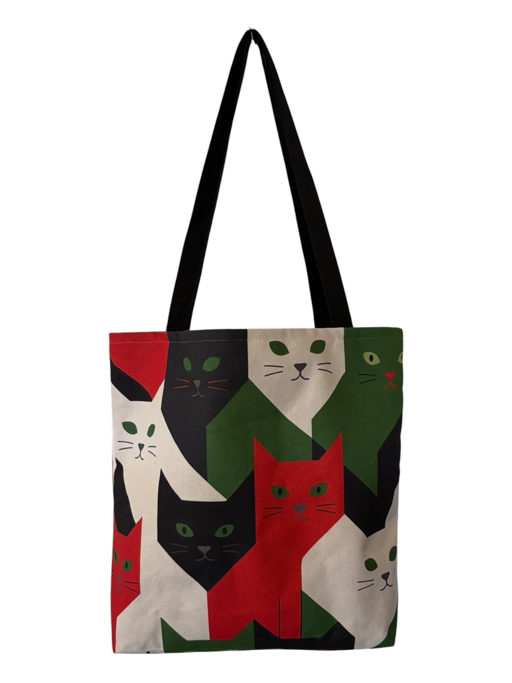 Canvas Cat Print Tote Bag - Red, Green, Black Cats